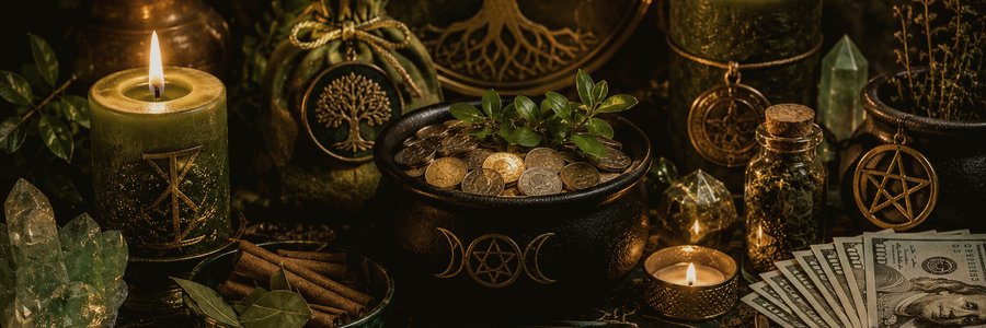 Altar de prosperidad con monedas y velas verdes